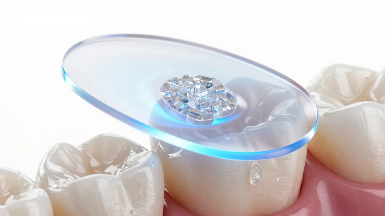 Detailní pohled na průsvitnou keramickou fazetu ukazující moderní dentální technologii.