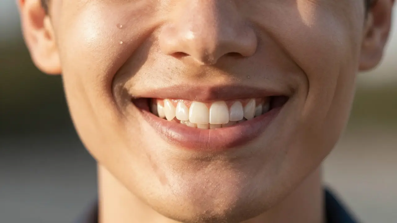Detailní úsměv spokojeného pacienta s esteticky vypracovanými kompozitními fasety.