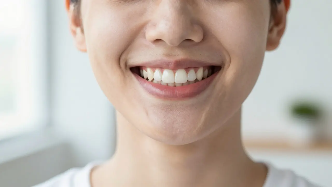 Detailní úsměv spokojeného pacienta s perfektně osazeným a přirozeným zubním můstkem.
