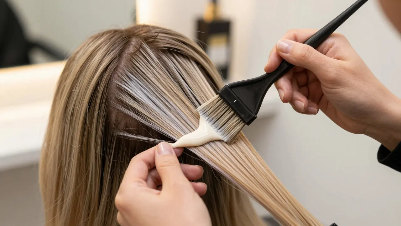 Detailní záběr na aplikaci techniky Balayage při barvení vlasů.