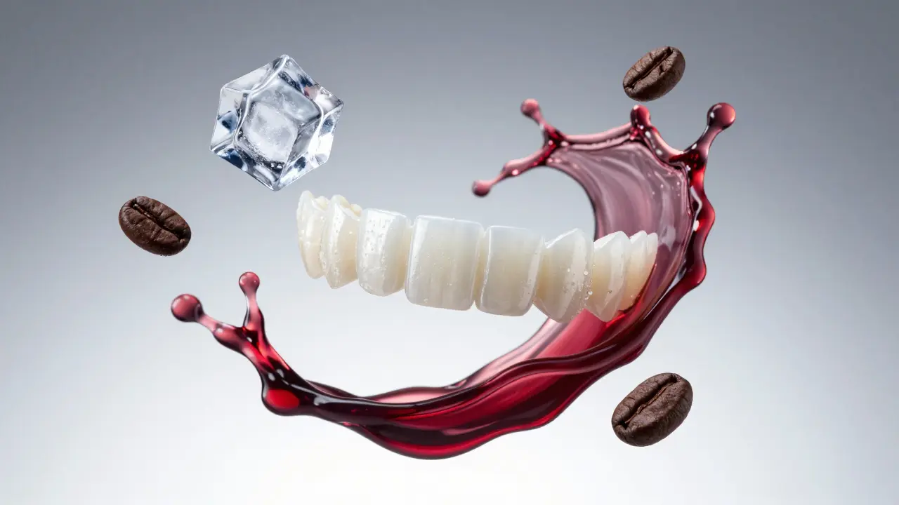 Keramická fazeta obklopená ledem, červeným vínem a zrnky kávy.