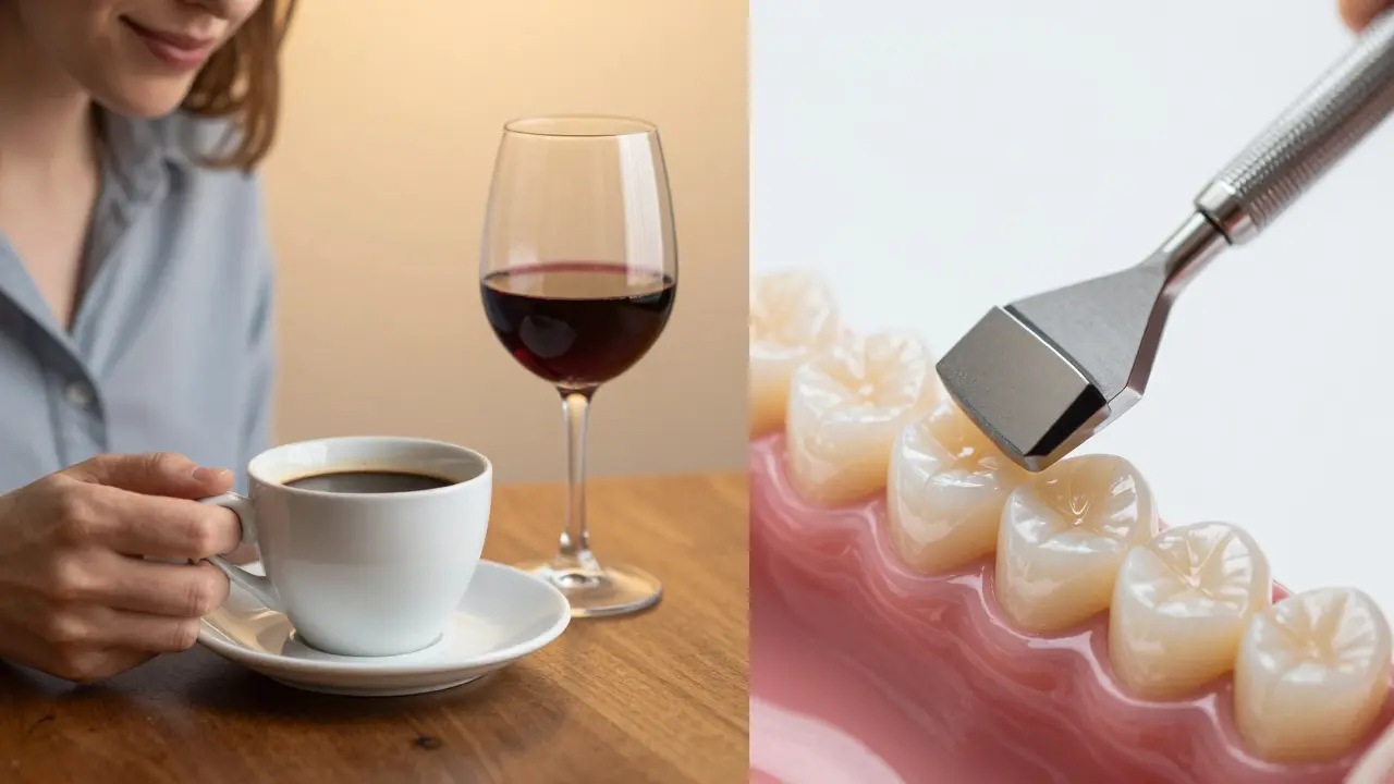 Kolaž znázorňující konzumaci kávy a profesionální leštění zubních fazet.