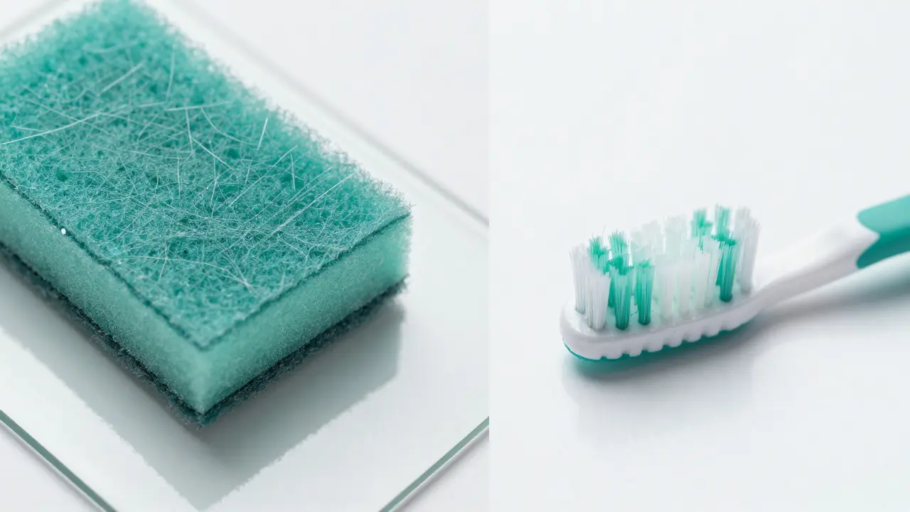 Konceptuální srovnání drsného houbičky a jemného zubního kartáčku.