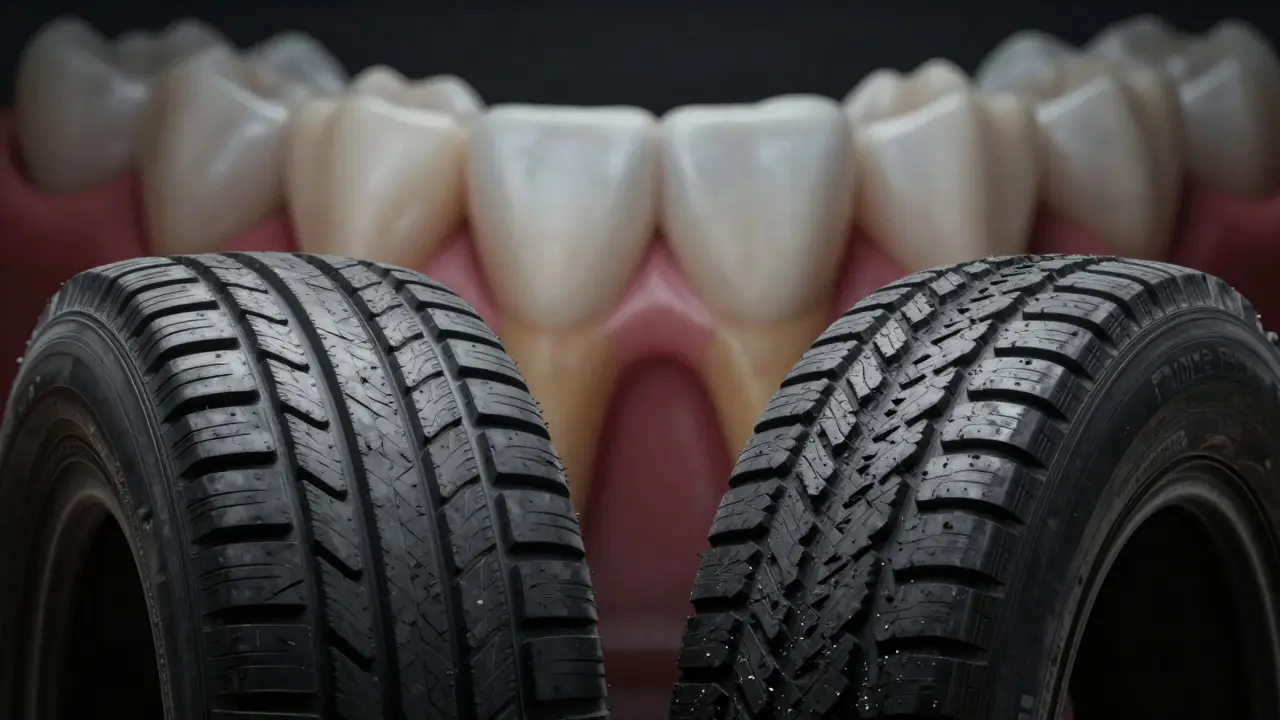 Konceptuální srovnání rovnoměrného a nerovnoměrného opotřebení pneumatik a zubní skloviny.