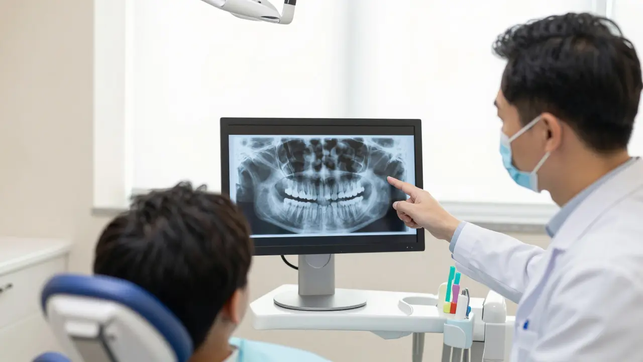 Konzultace pacienta se stomatologem u rentgenového snímku čelistí.