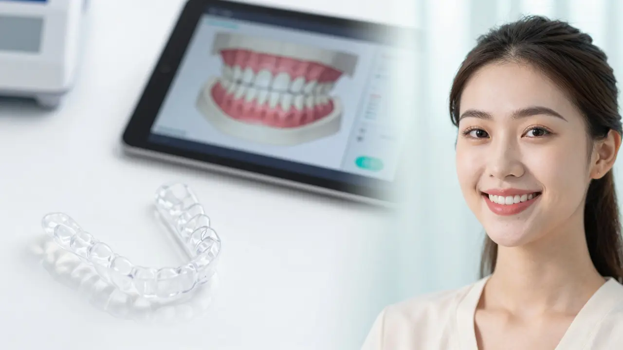 Moderní průhledná alignmentéry vedle 3D skenu čelisti a spokvalněného úsměvu.
