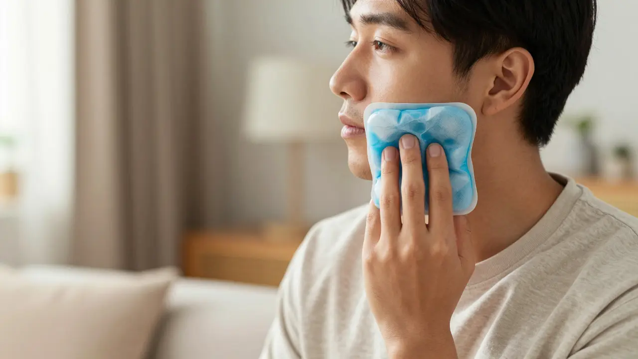 Osoba s ledovým obkladem na tváři během procesu hojení po operaci.