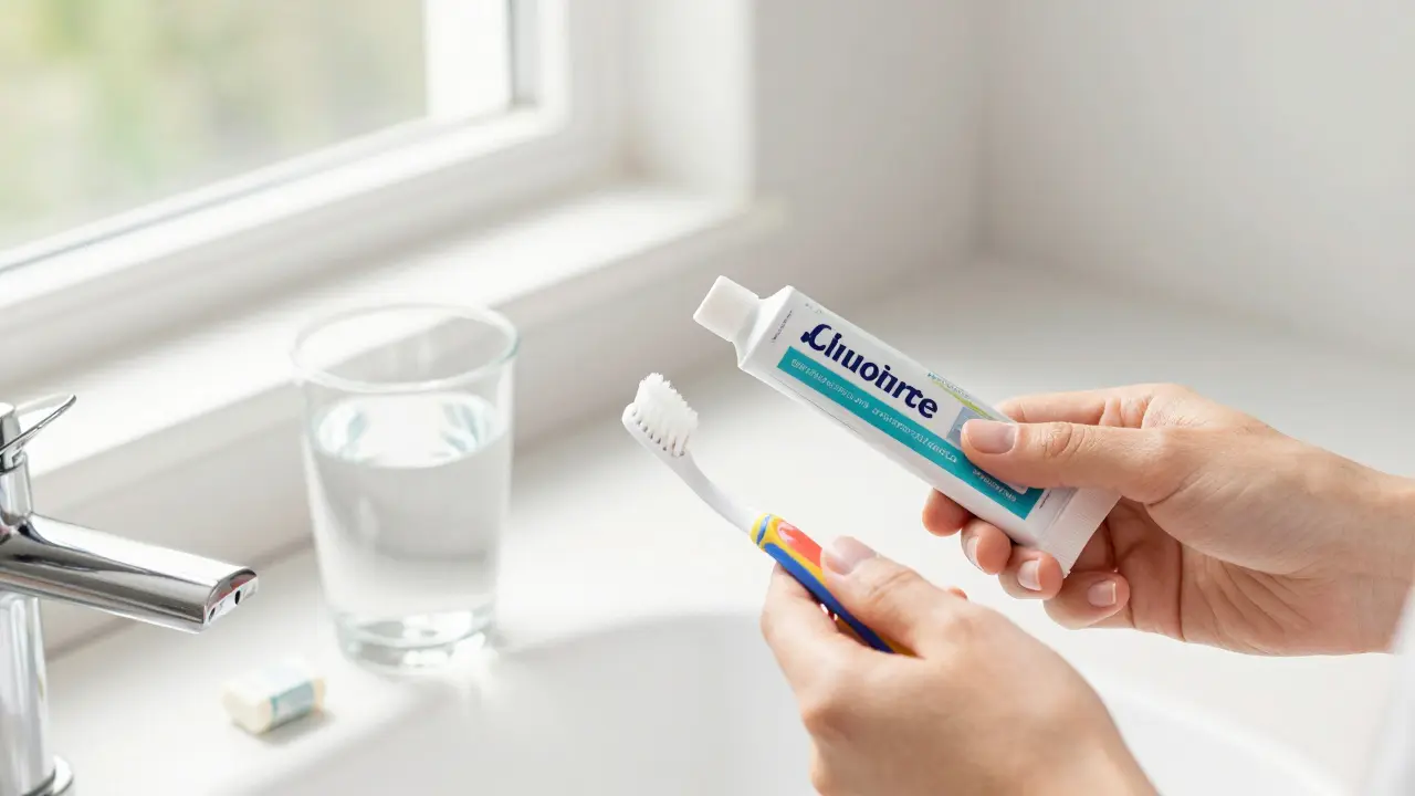 Pomůcky pro mezizubní hygienu, sklenice vody a žvýkačka s xylitolem.