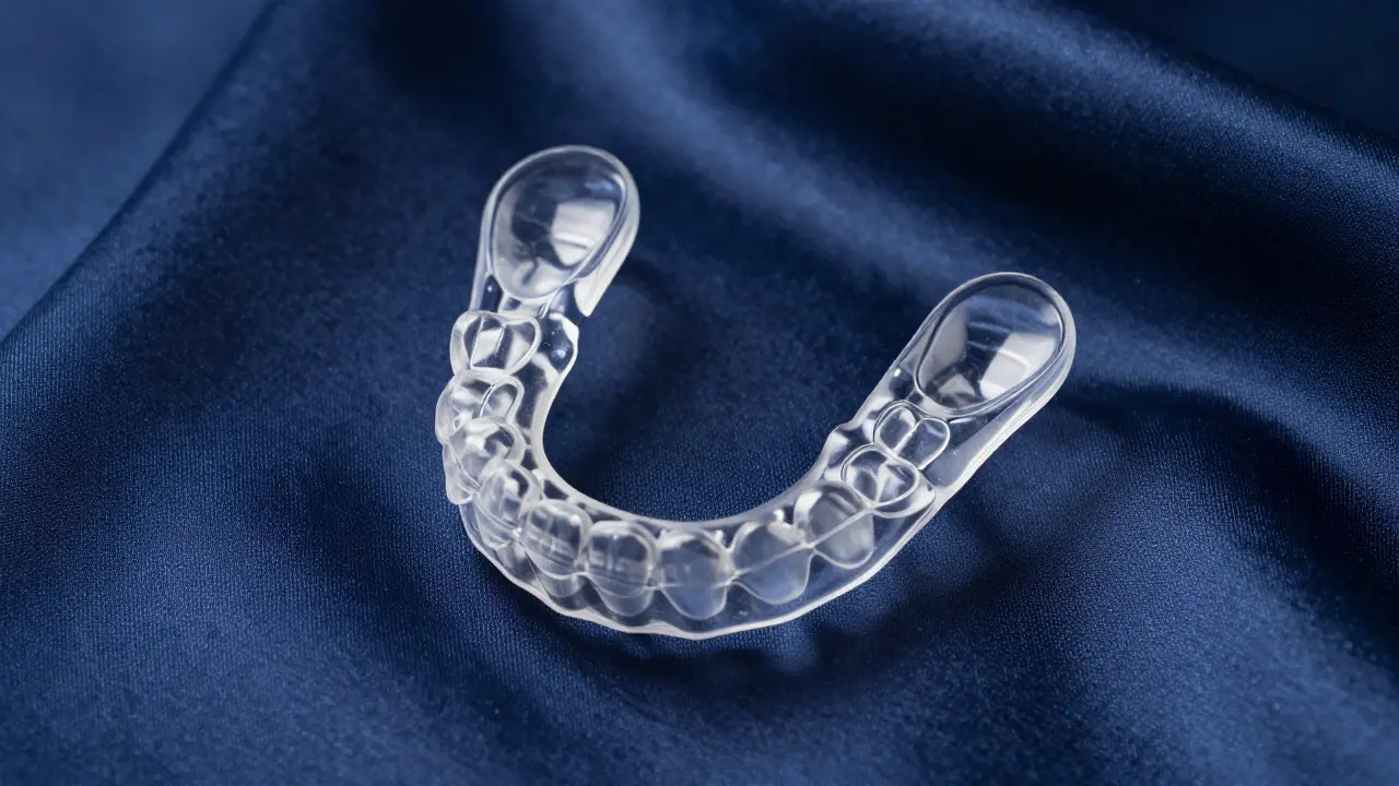 Průhledná noční šina na ochrnu zubů položená na modrém hedvábí.