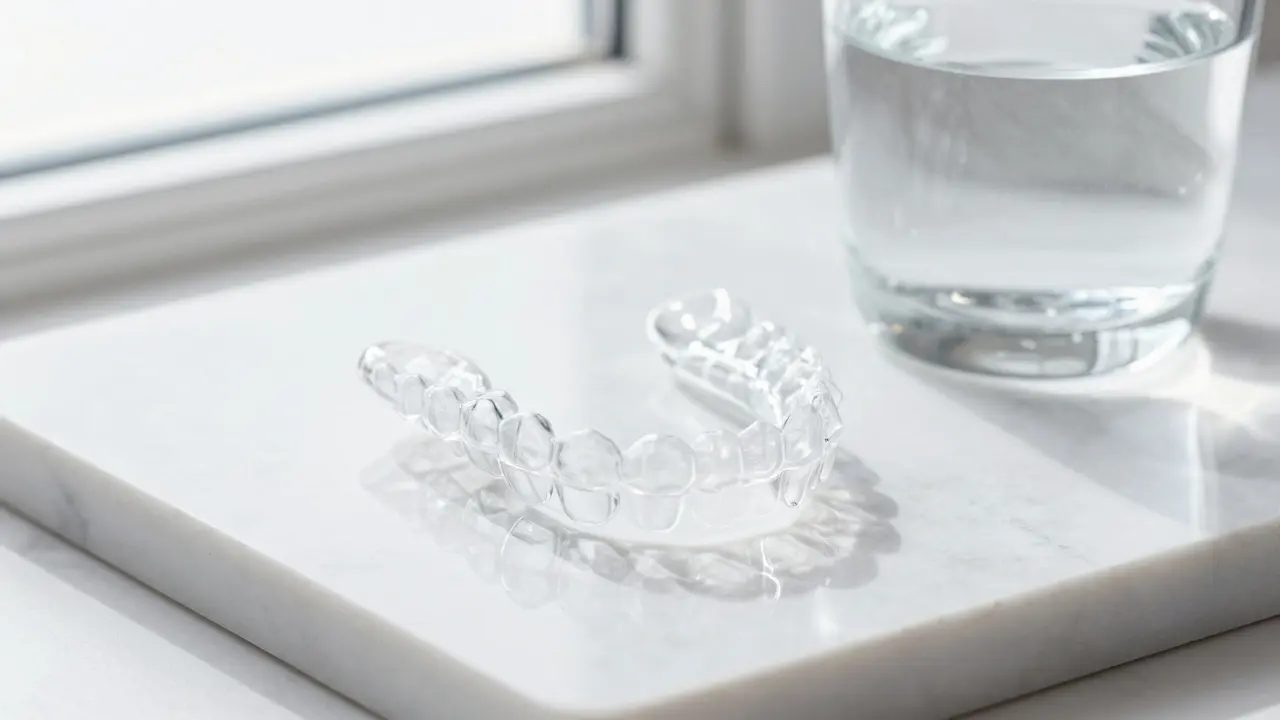 Průhledné alignery na bílém mramoru symbolizující moderní rovnání zubů.