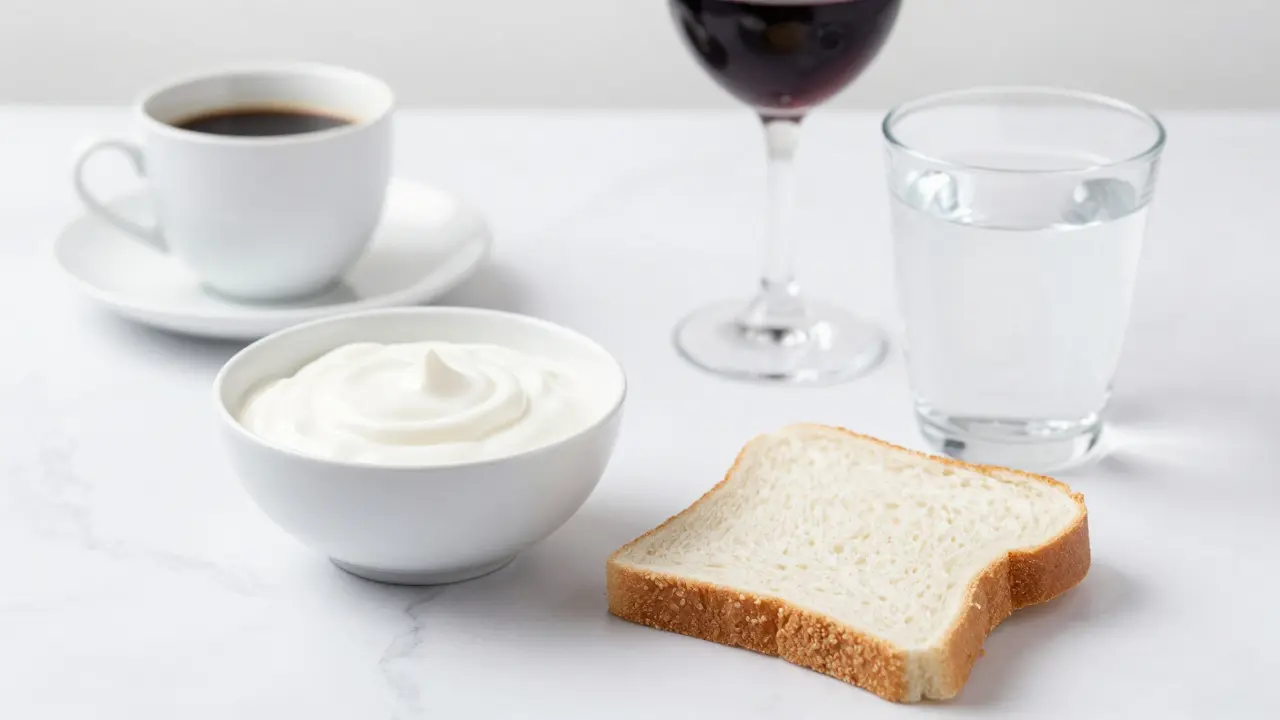 Sada bílých potravin a nápojů jako doporučená bílá dieta po pískování.