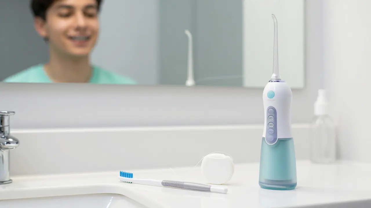 Sada pomůcek pro hygienu zubů s mežizubním kartáčkem a nití na koupelnové poloce.