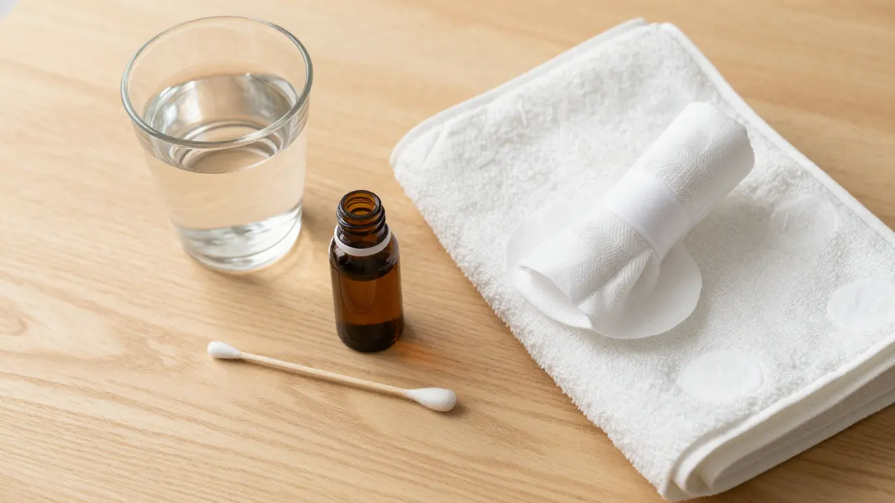 Sada pomůcek pro první pomoc při bolesti zubu: hřebíčkový olej a studený obklad.