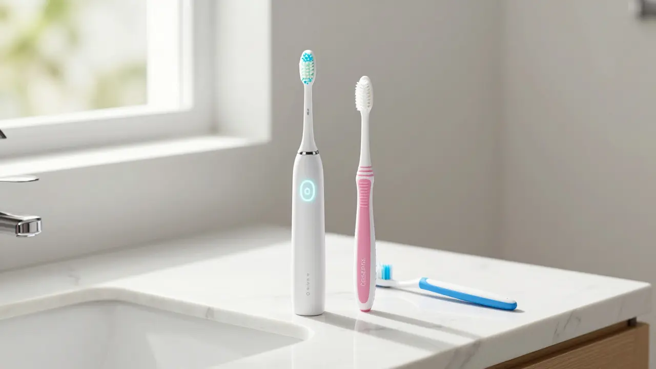 Sada zubních kartáčků a mezizubního kartáčku na mramorové desce v koupelně.