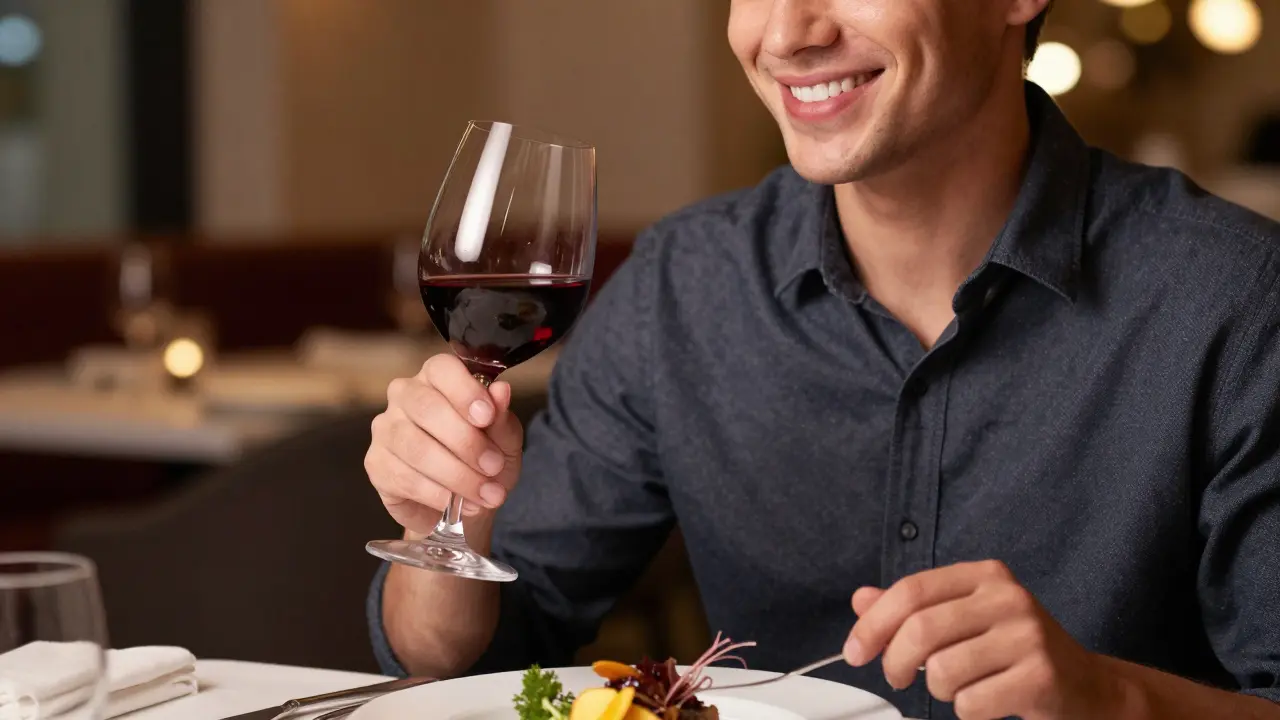  sebevědomý člověk s bílými zuby si užívá červené víno v elegantní restauraci.