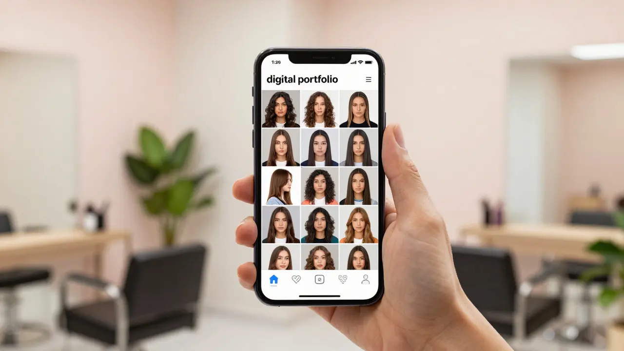 Smartphone s portfoliem kadeřnice v minimalistickém mikro-salonu.