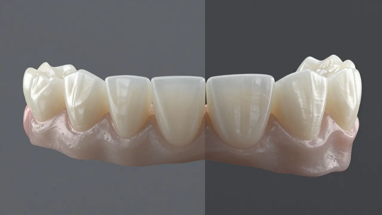 Srovnání průhlednosti materiálů lithium-disilikát a zirkonia.