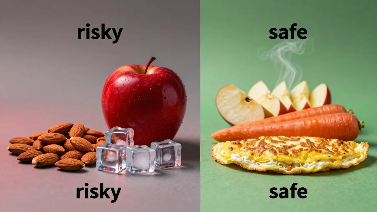 Srovnání tvrdých rizikových potravin a bezpečných měkkých alternativ pro rovnátka.