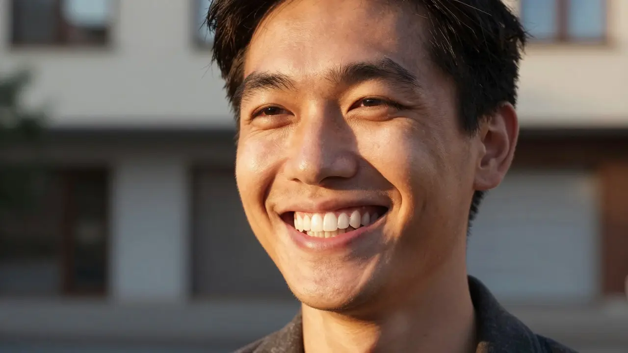 Zářivý a přirozený úsměv ženy po aplikaci keramických fazet.