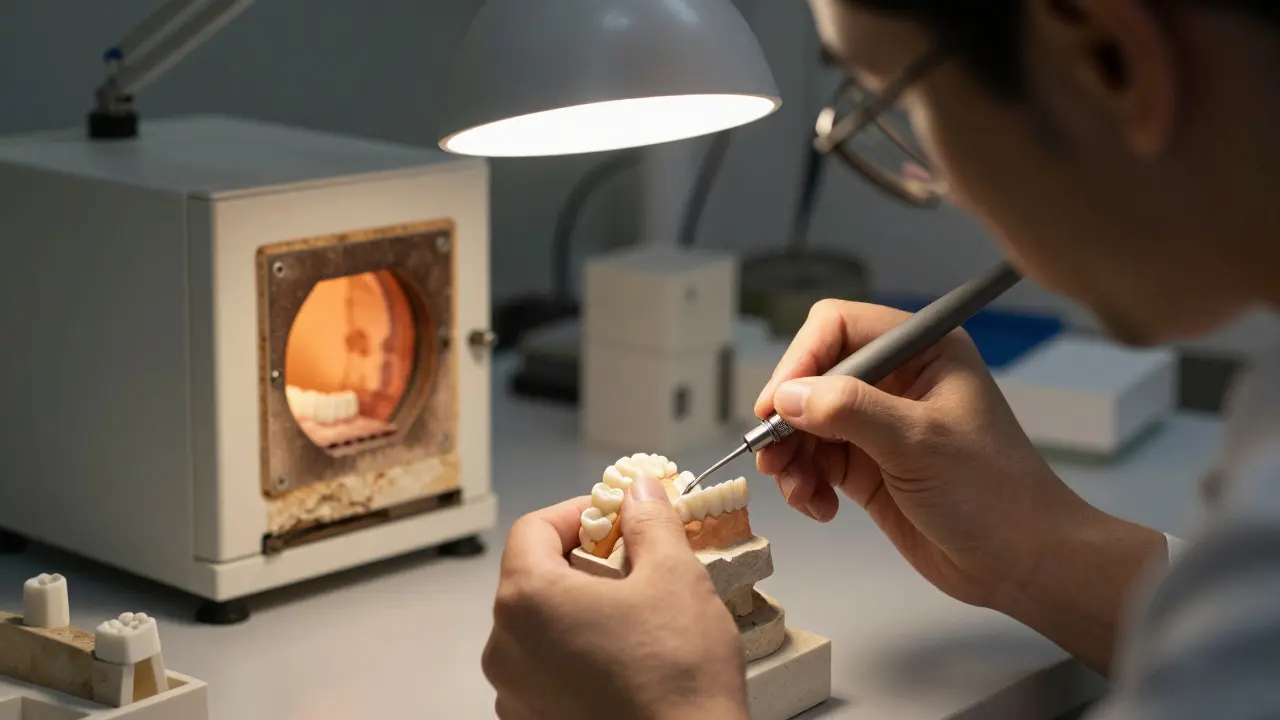 Zubní technik precizně vypracovává keramický můstek v profesionální laboratoři.