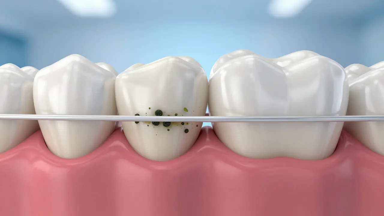 3D model zubu s nálepkou ukazuje bakterie ve štěrbině pod plastem