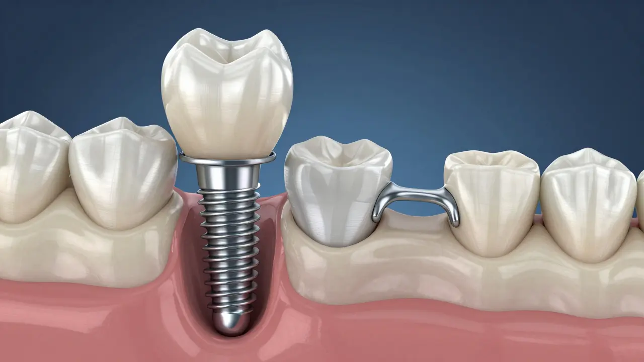 Anatomický pohled na implantát a zubní most v čelisti