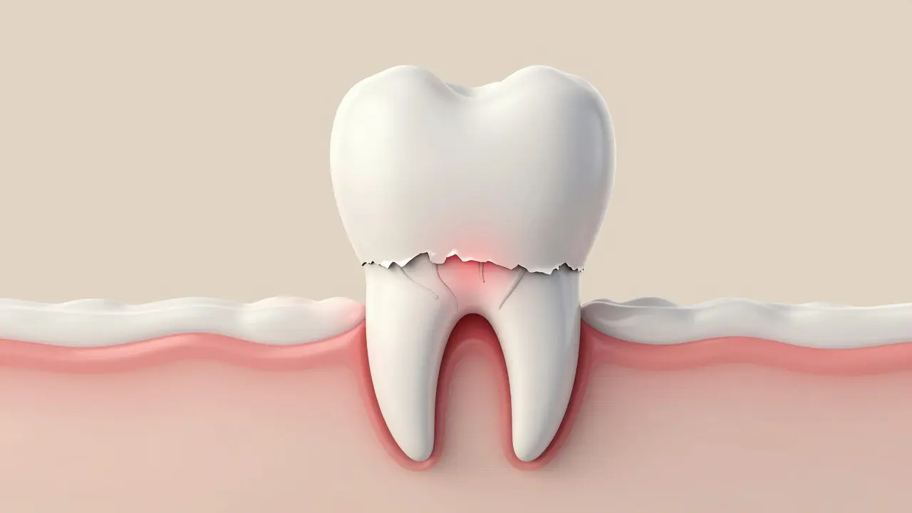 Anatomický pohled na zub s opotřebovanou sklovinou a podrážděným nervem.