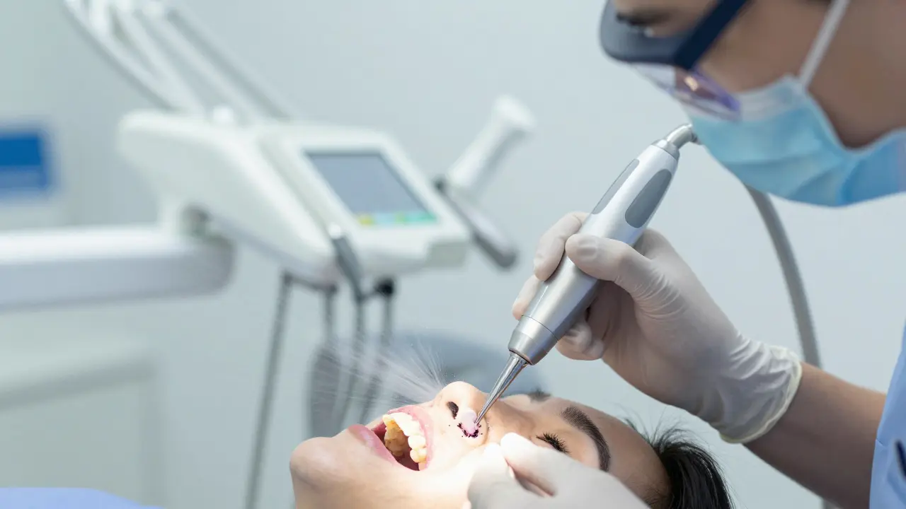 Dentální hygienik čistí zuby ultrazvukovým aparátem v ordinaci.