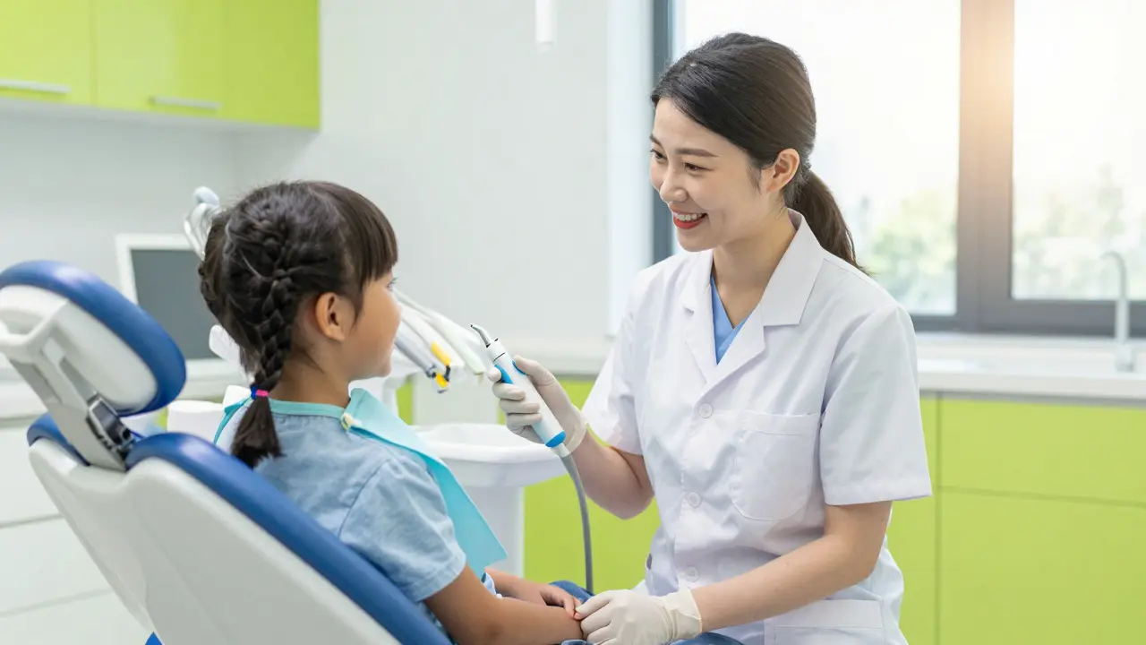 Dentální hygienista uklidňuje dítě při profesionálním čištění