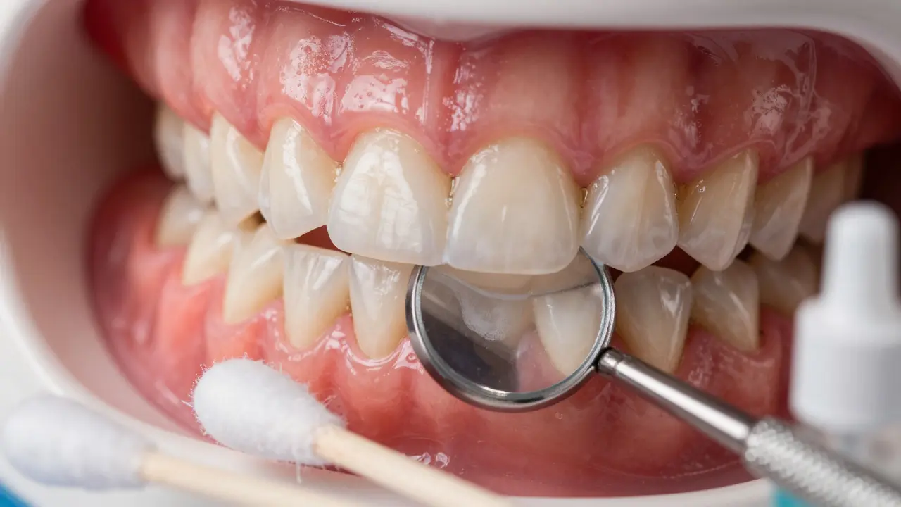 Detailní záběr čistých zubů s naneseným gelem a chráněnými dásněmi, vedle nichž leží dentální zrcátko.