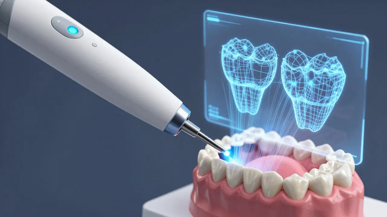 Digitální intraorální skener vytváří 3D model zubů bez použití pasty.
