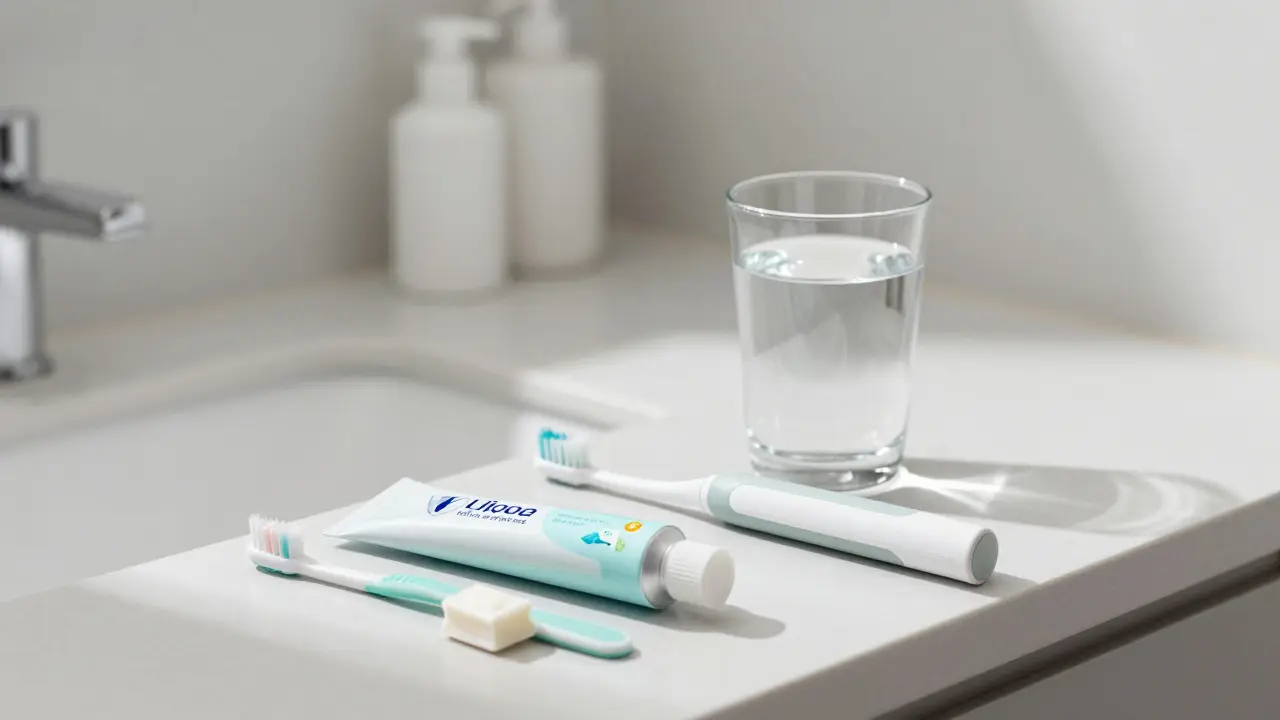 Hygienické potřeby pro diabetiky na koupelnovém pultu