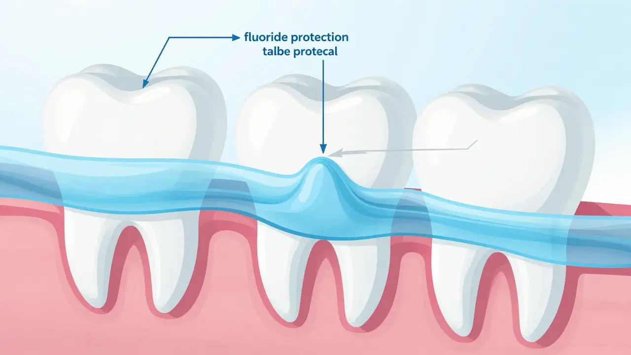 Ilustrace ukazuje, jak fluoridový gel uzavírá otevřené dentinové tubuly a chrání nerv.