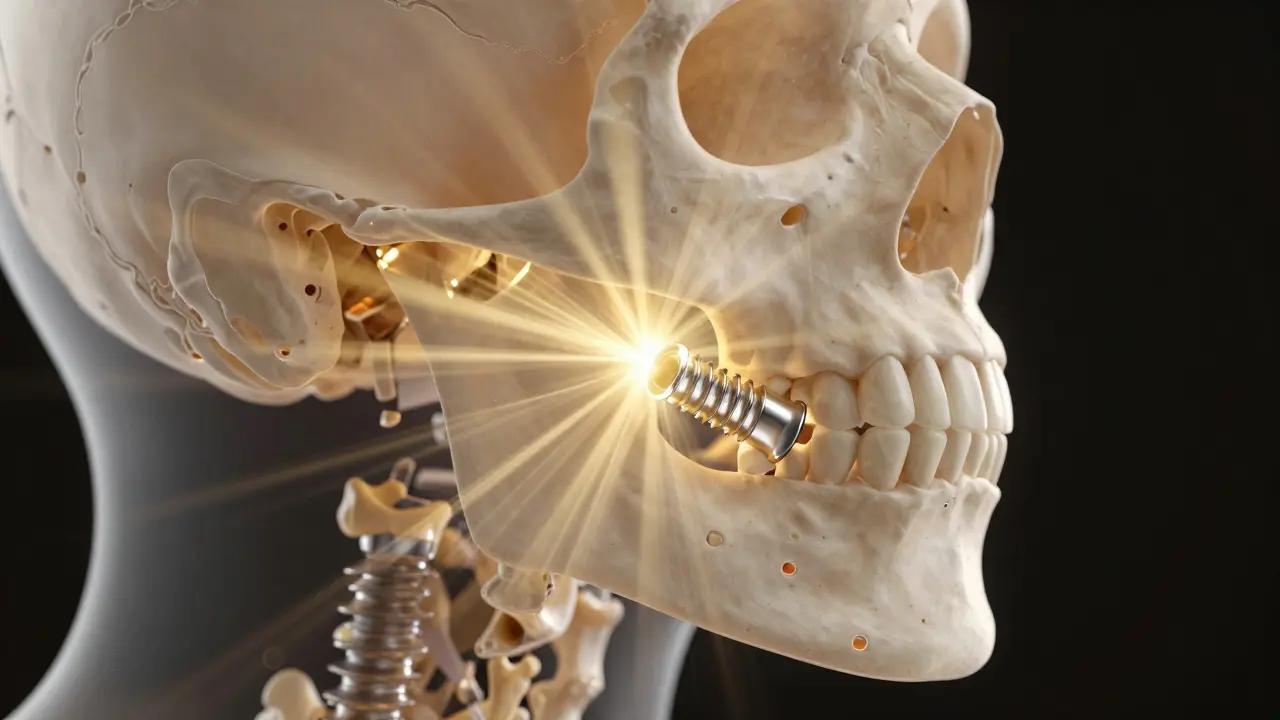 Konceptuální vizualizace posilování kosti kolem zubního implantátu