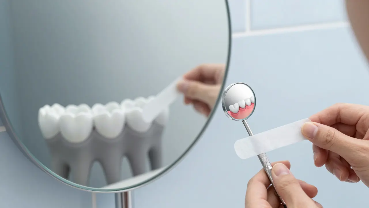 Porovnání viditelnosti zubů: běžné zrcadlo versus detailní pohled pomocí dentálního zrcátka při bělení.
