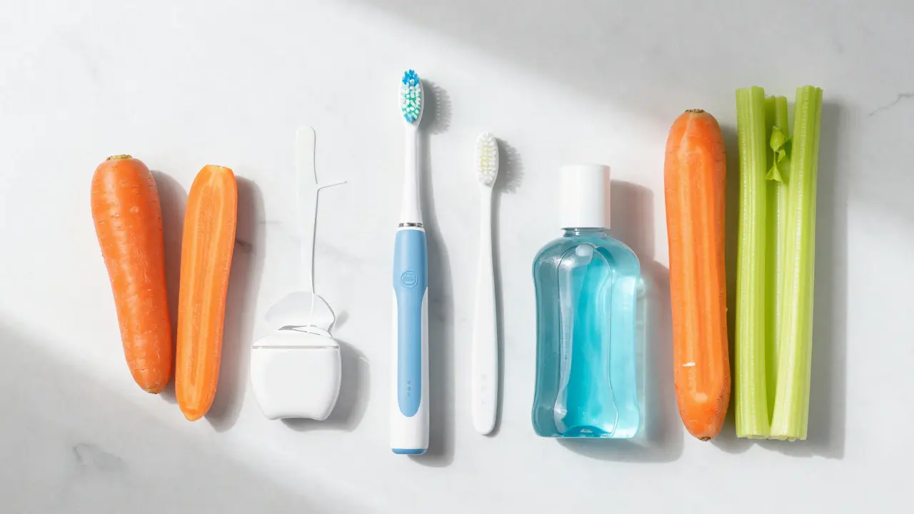 Ústní hygiena: kartáček, nitě, mezikartáčky a zelenina na pultu.
