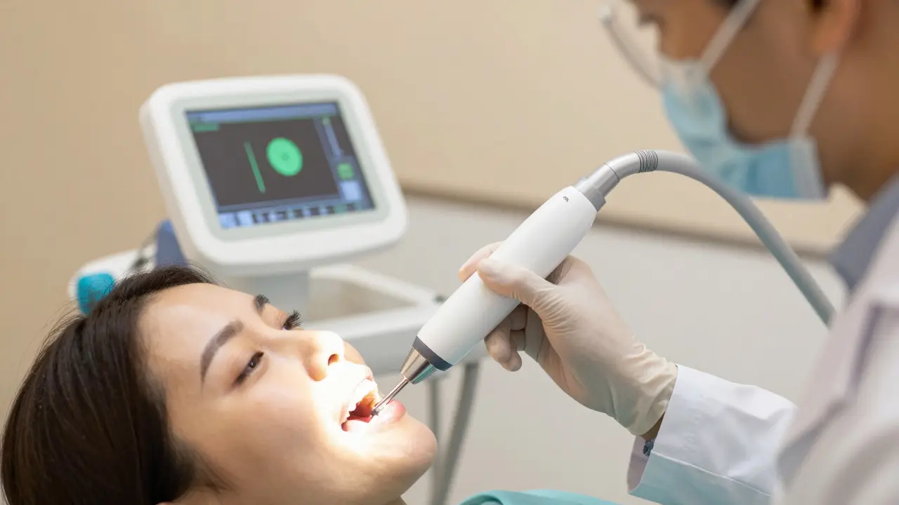 Zubní lékař používá laser k diagnostice mezizubního kazu