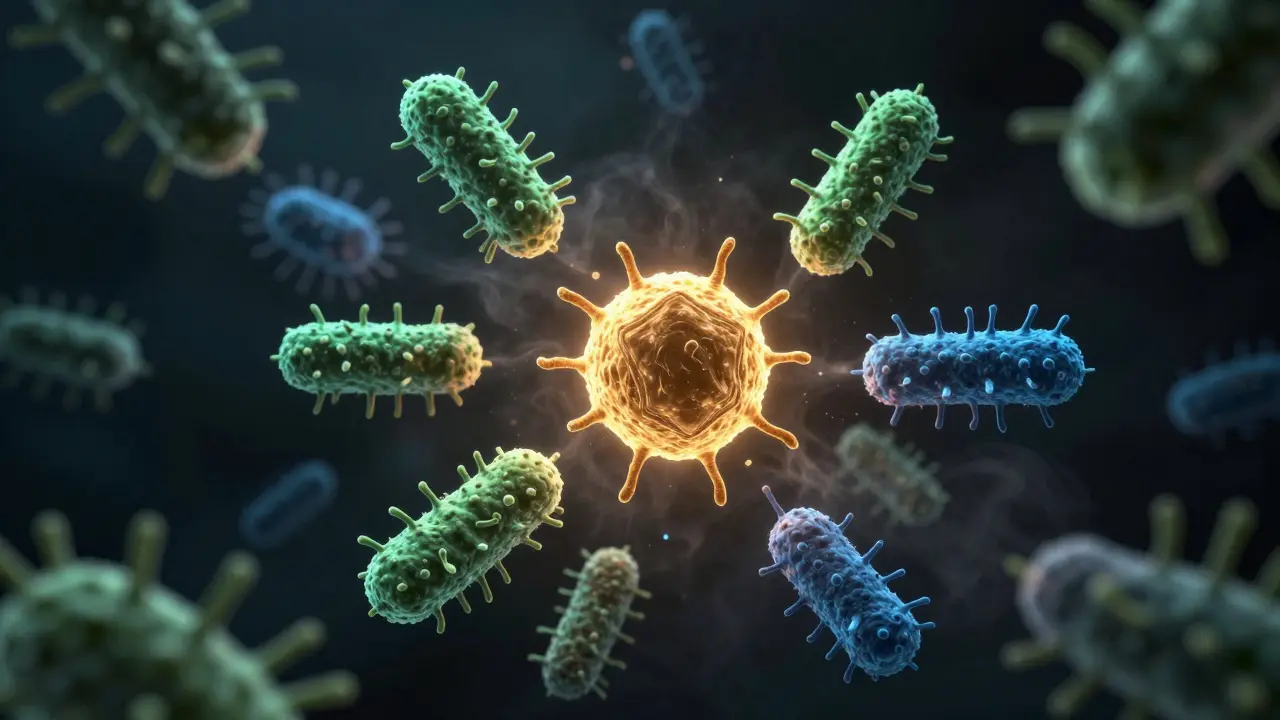Abstraktní vizualizace rezistentních bakterií přežívajících účinky antibiotik.