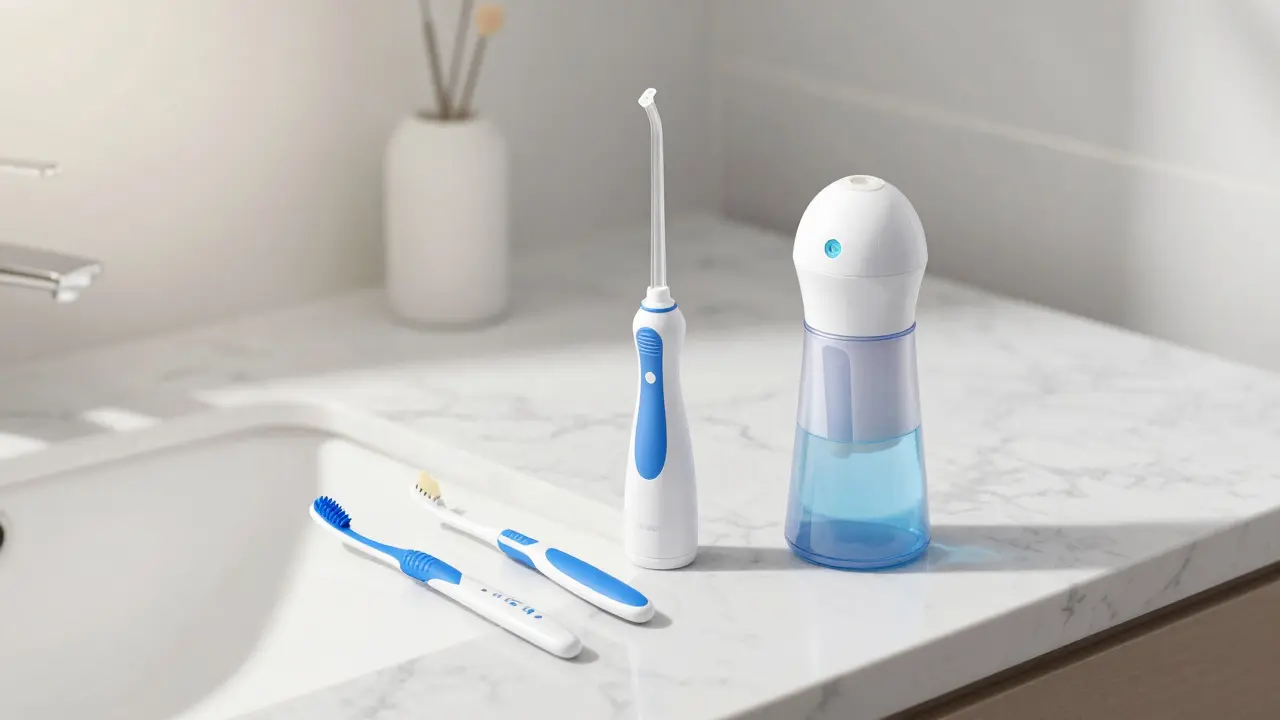 Hygienické pomůcky jako mezizubní kartáčky a irigátor na umyvadle