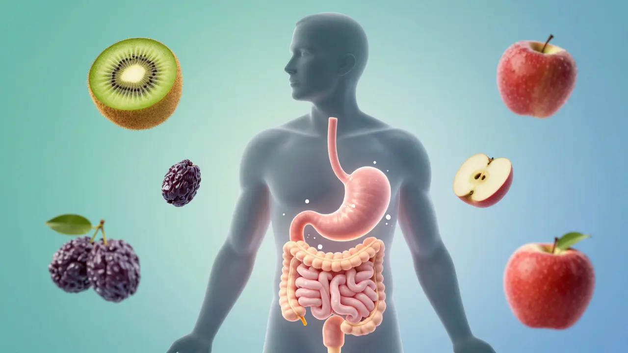 Konceptuální ilustrace trávení vlákniny z ovoce a hydratace