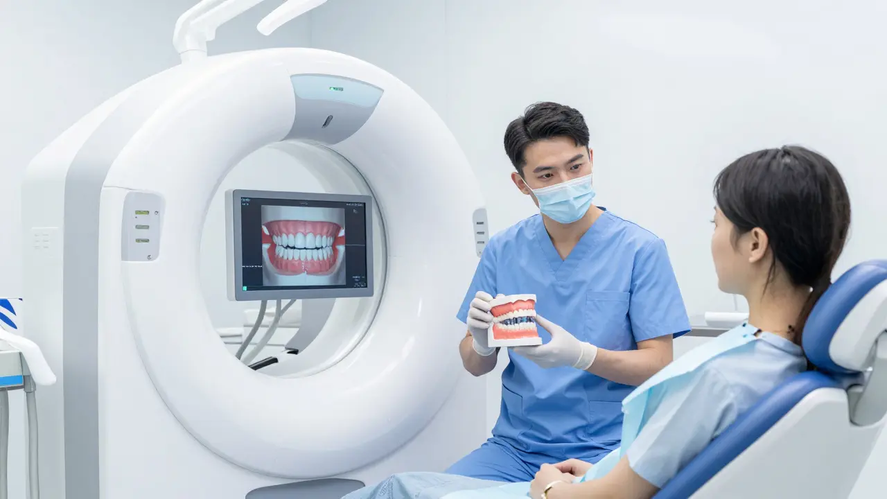 Stomatolog ukazuje pacientovi digitální 3D model implantátů
