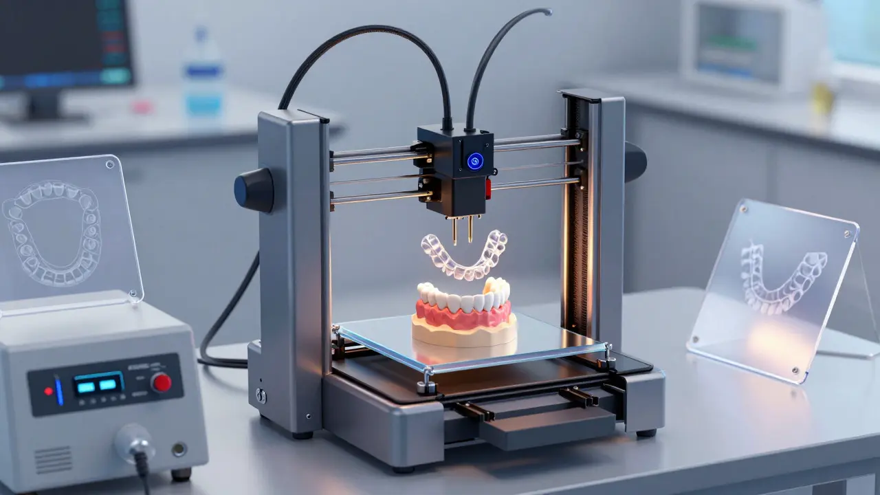 3D tiskárna vyrábějící model zubů pro výrobu neviditelných rovnátek