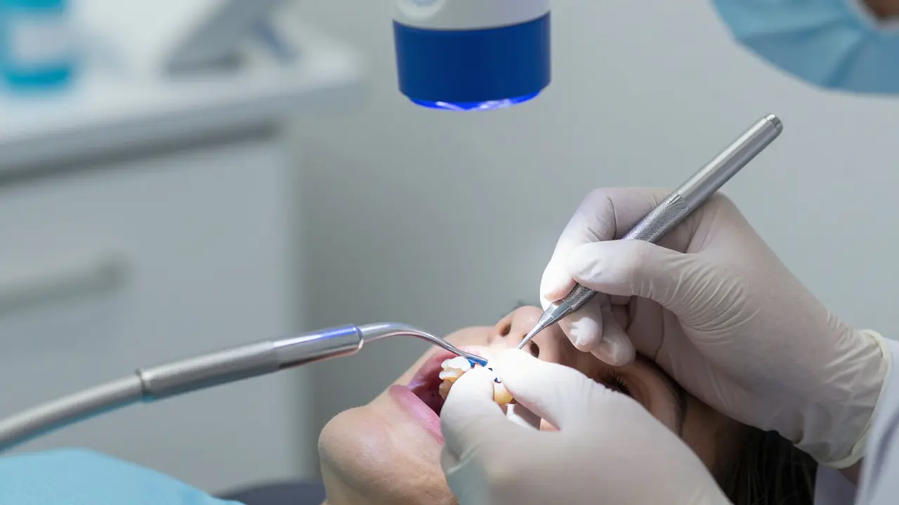 Dentista aplikuje kompozitní materiál na zuby pacienta pod modrým světlem