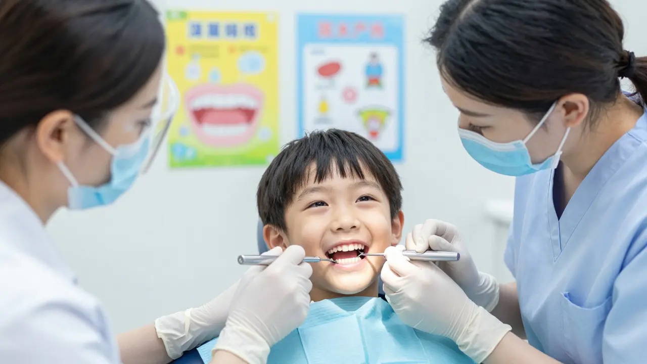 Dětská dentální hygiena: dítě se usmívá při profesionálním čištění zubů