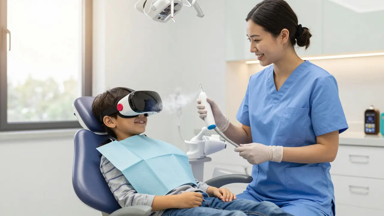 Dítě v ordinaci s VR brýlemi a zubní lékař s moderním přístrojem