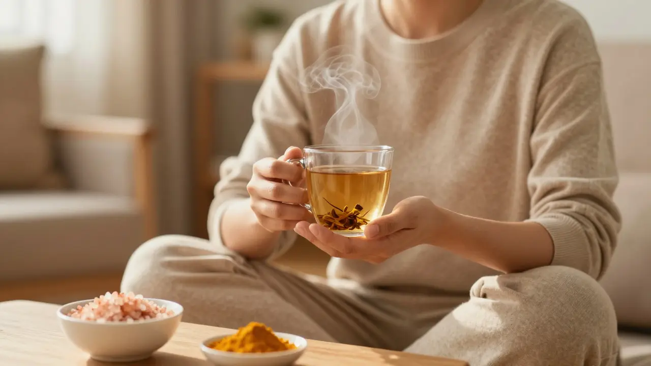 Klidná osoba pije čaj vedle přírodních léků jako sůl a kurkuma