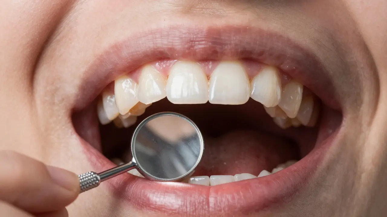 Kontrola zubní korunky pomocí dentálního zrcátka v ústech