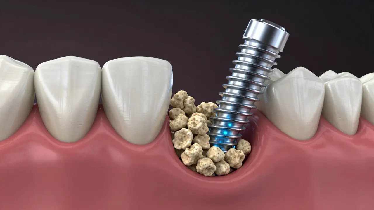Kostní náhrada vyplňuje prostor kolem zubního implantátu