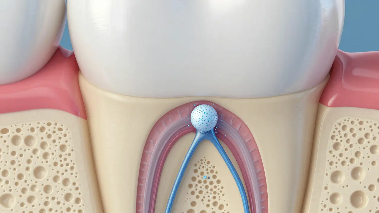 Makro pohled na strukturu zubu s viditelnými dentinovými kanálky