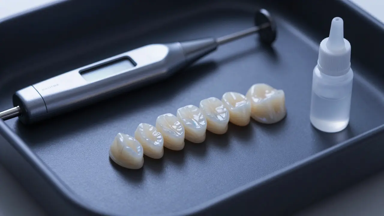 Makro záběr na porcelánové zubní fazety a digitální skener na lékařském podnose
